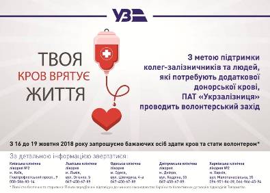 У регіональній філії "Одеська залізниця" проведуть корпоративний волонтерський захід - День донора